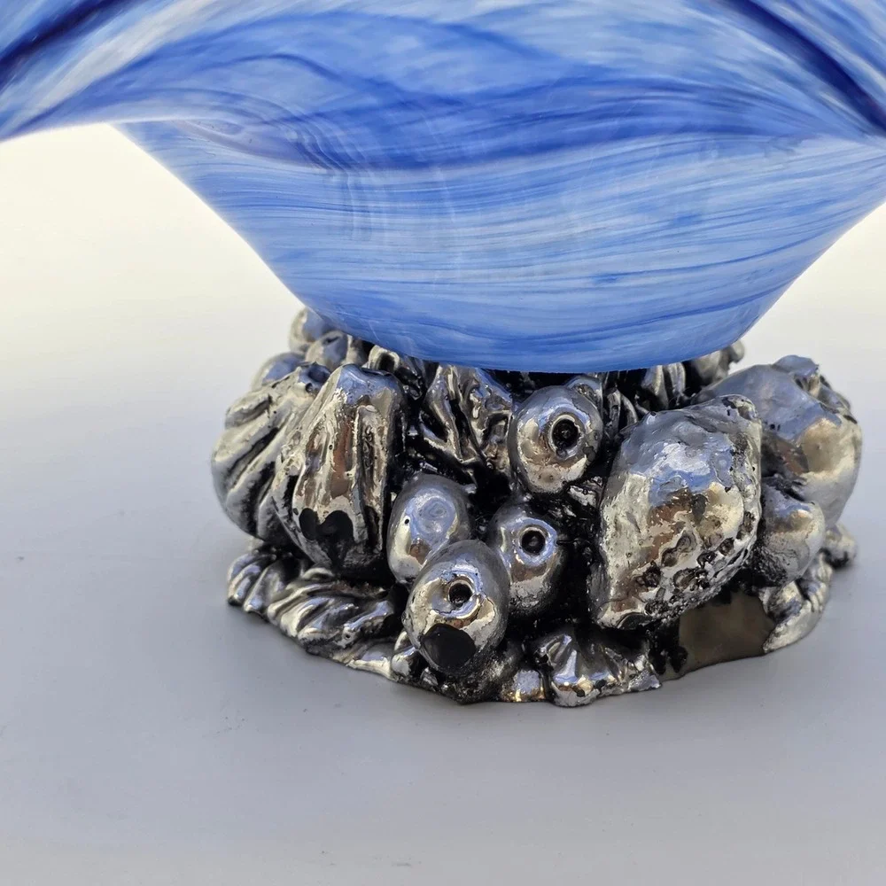 Cristalli d'Oggi Bowl Murano Glass Silver Fruit Base blue White Swirl 12in